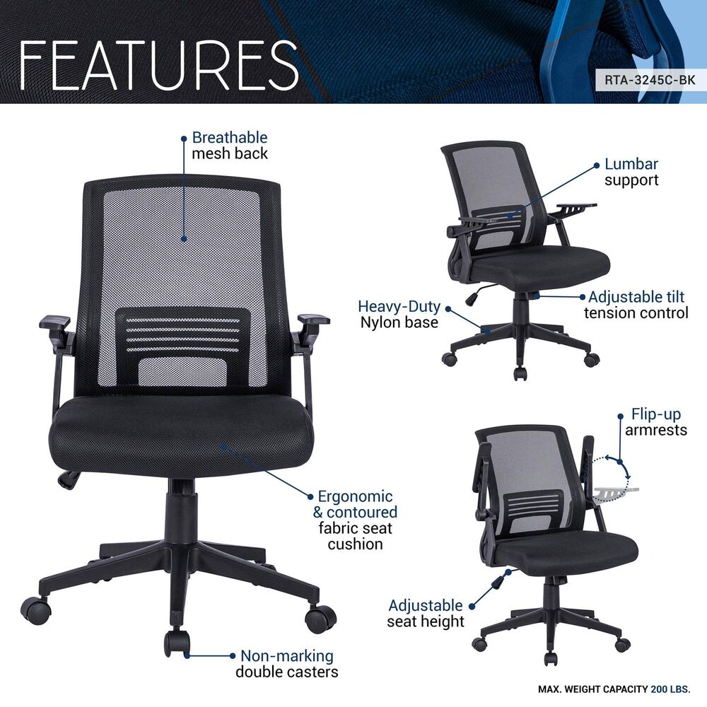 Rta Products Llc Ergonomic Office Mesh Chair in Black, , large