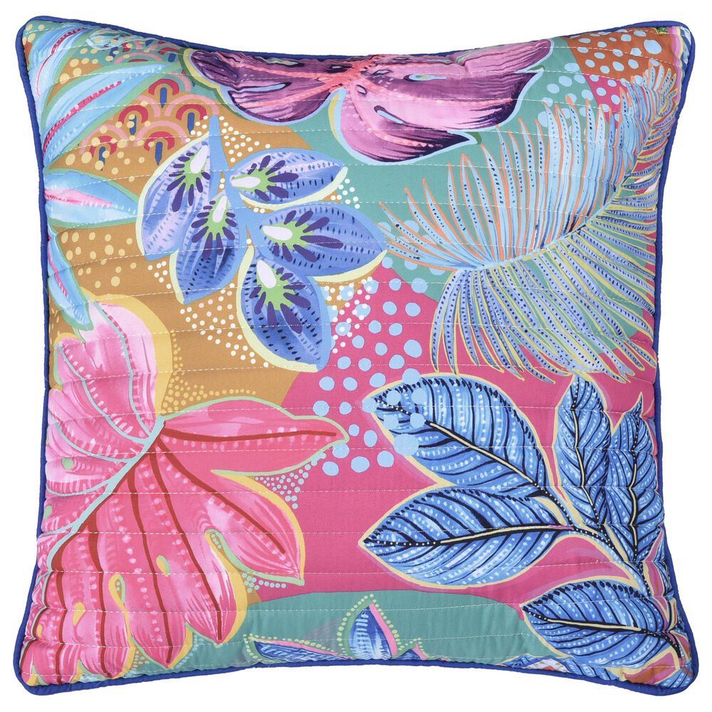 J. Queen Bold Hanalei 18&quot; Square Quilted Throw Pillow in Aqua, Orange, Pink, and Blue, , large