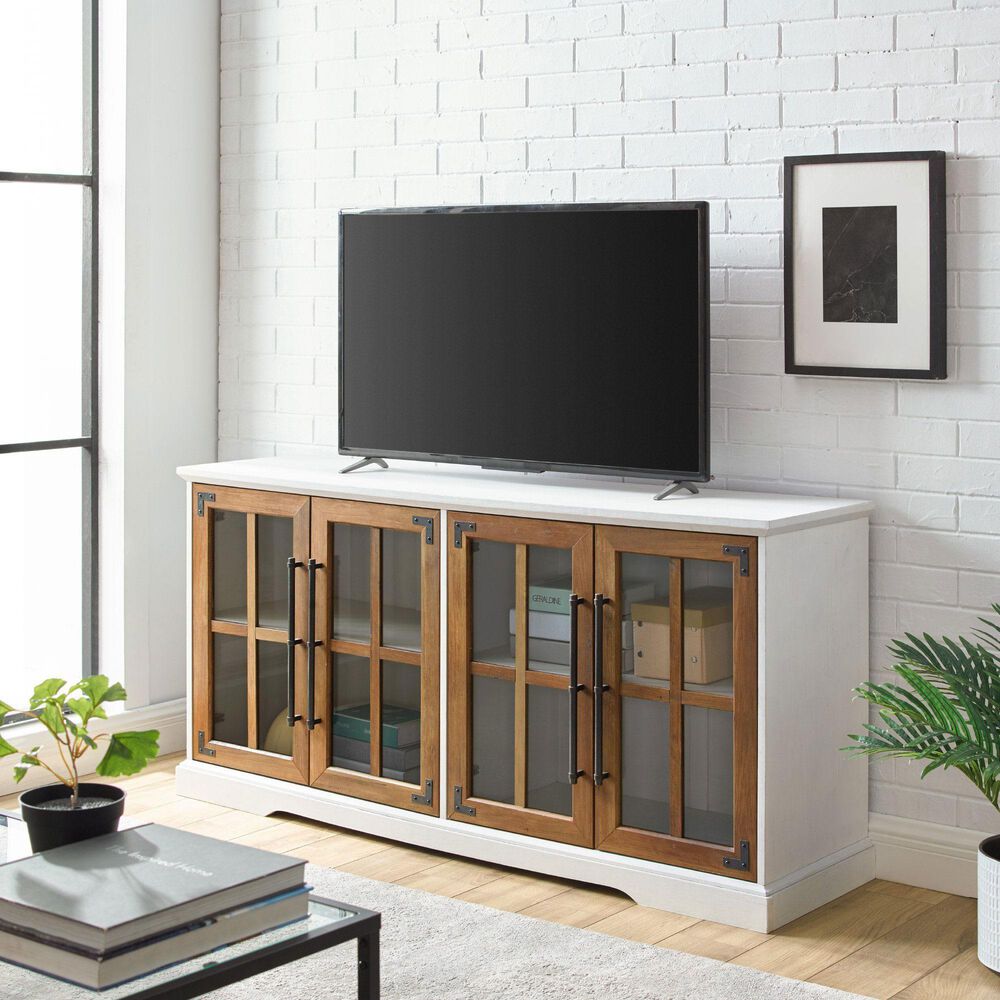 Walker Edison Abigail 58&quot; TV Stand in Brushed White/Rustic Oak, , large