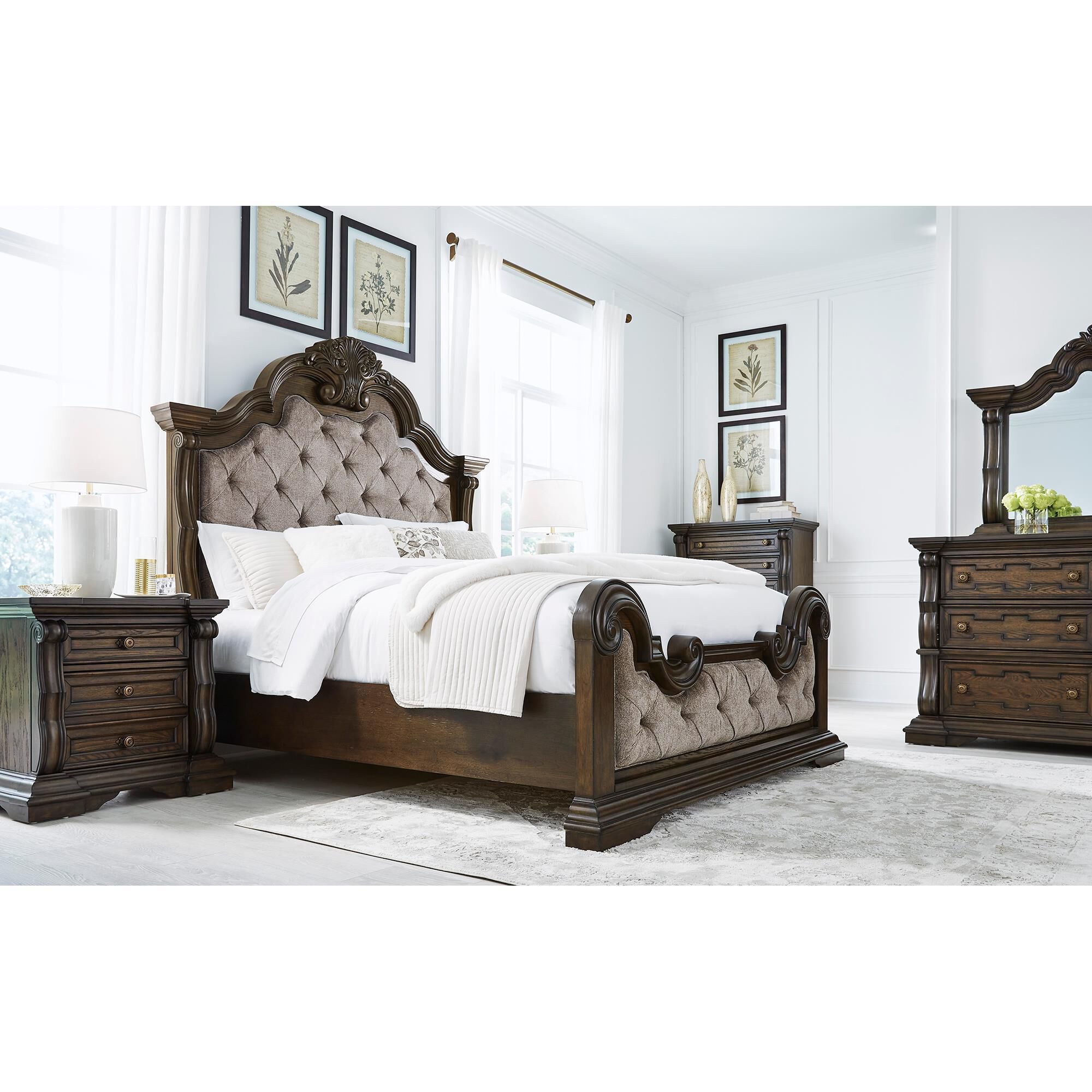 Millenium Maylee King Upholstered Bed and Two Nightstands in Dark