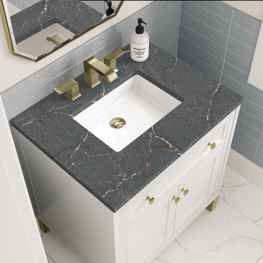 James Martin Vanities Chicago 30&quot; Single Bathroom Vanity in Glossy White with 3 cm Parisien Bleu Quartz Top and Rectangular Sink, , large