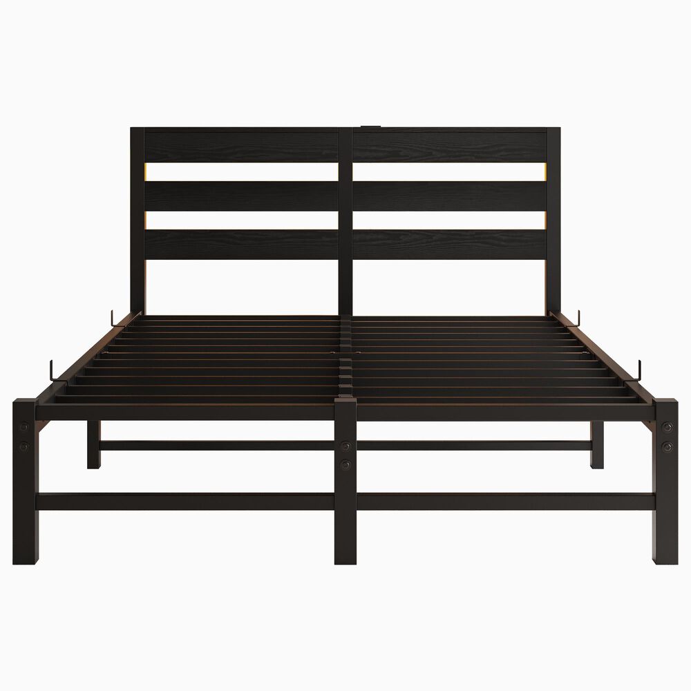 Hearth and Haven Full Metal Bed with RGB Lights and Storage Shelf in Black, , large