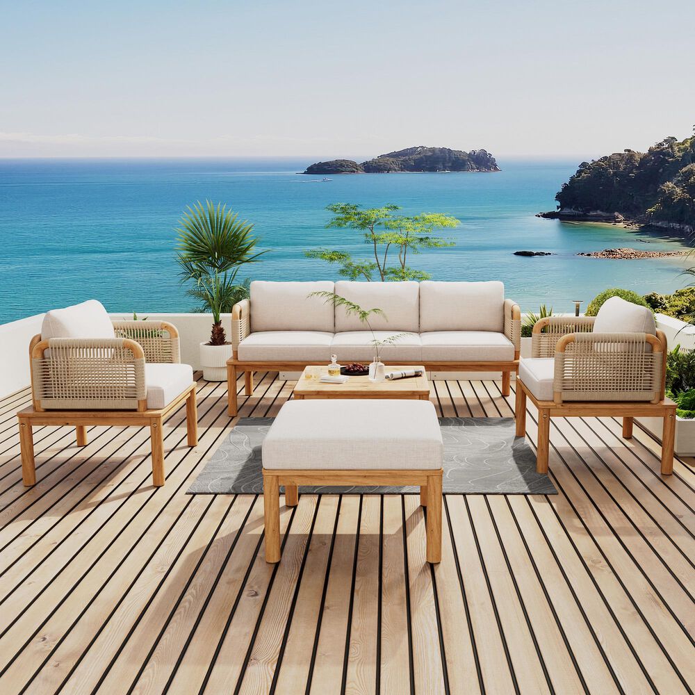 Hearth and Haven 5-Piece Outdoor Conversation Set with Weather Rope and Beige in Teak, , large
