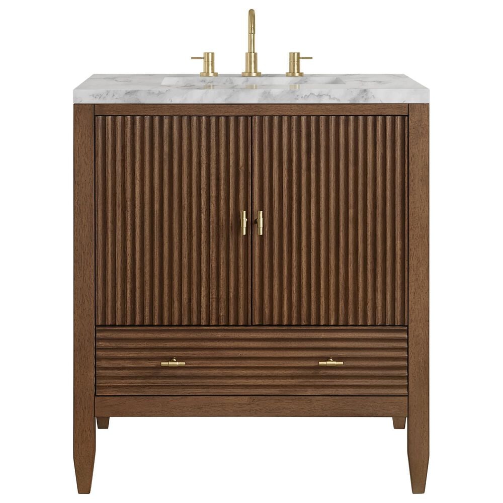 James Martin Myrrin 30" Single Bathroom Vanity in Mid-Century Walnut with 3 cm Carrara Marble Top and Rectangular Sink, , large