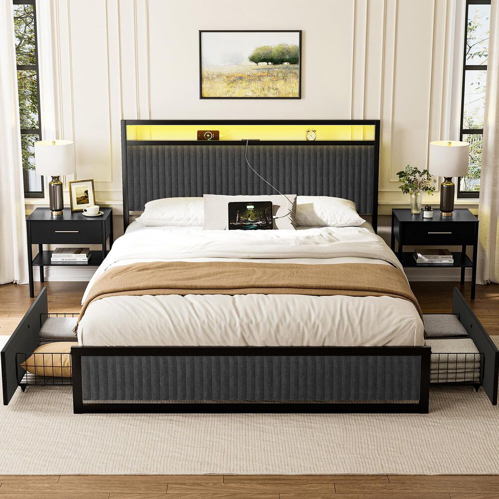 HOMLUX 2-Drawer Queen Storage Bed with LED Headboard and USB Ports in Gray, , large