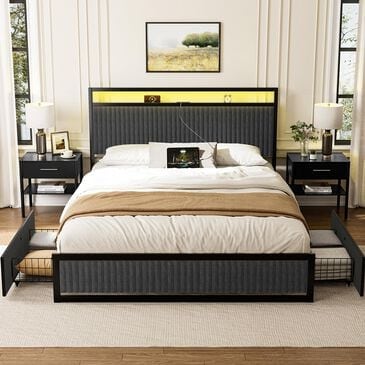 HOMLUX 2-Drawer Queen Storage Bed with LED Headboard and USB Ports in Gray, , large