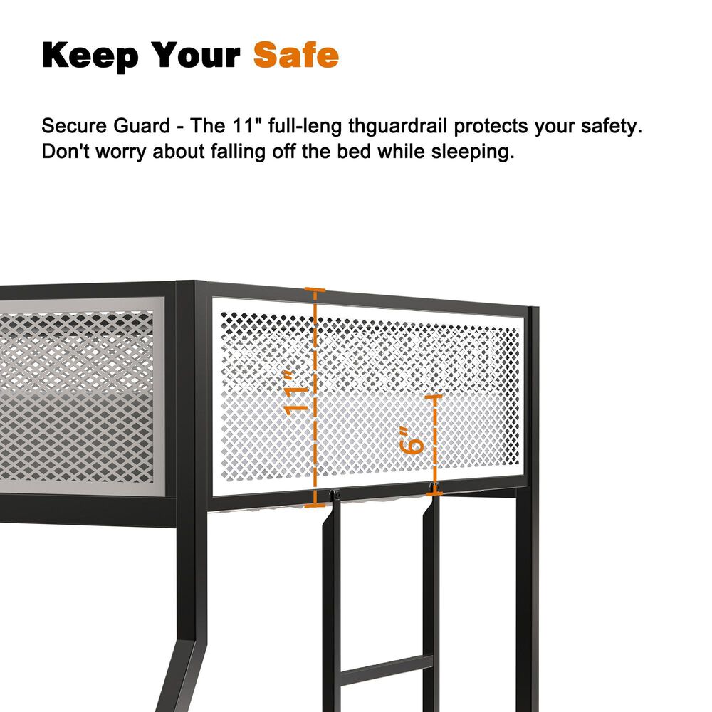 Hearth and Haven Adam Twin over Full Bunk Bed with White Mesh Guard Rail in Black, , large