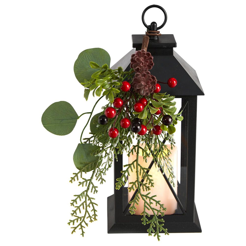 Nearly Natural Inc 12in. Holiday Berries and Greenery Metal Lantern Artificial Table Christmas Arrangement with LED Candle Included, , large