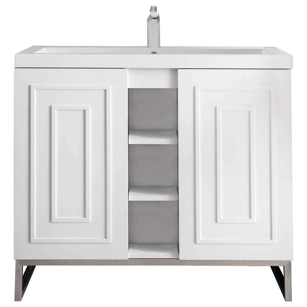 James Martin Vanities Alicante 39.5" Single Bathroom Vanity in Glossy White and Brushed Nickel with 5 cm White Glossy Resin Top and Rectangular Sink, , large