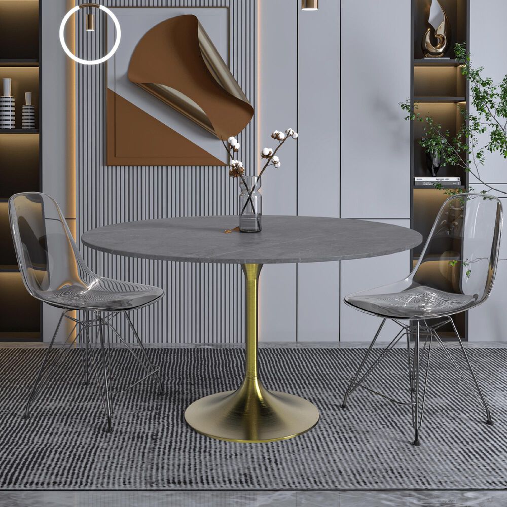 Leisuremod LeisureMod Verve Collection 48 Round Dining Table, Brushed Gold Base with Sintered Stone Grey Top, , large
