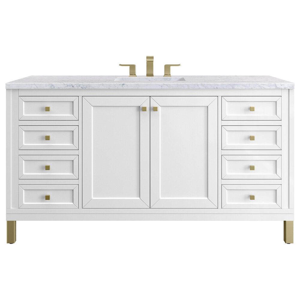 James Martin Vanities Chicago 60" Single Bathroom Vanity in Glossy White with 3 cm Carrara White Marble Top and Rectangular Sink, , large
