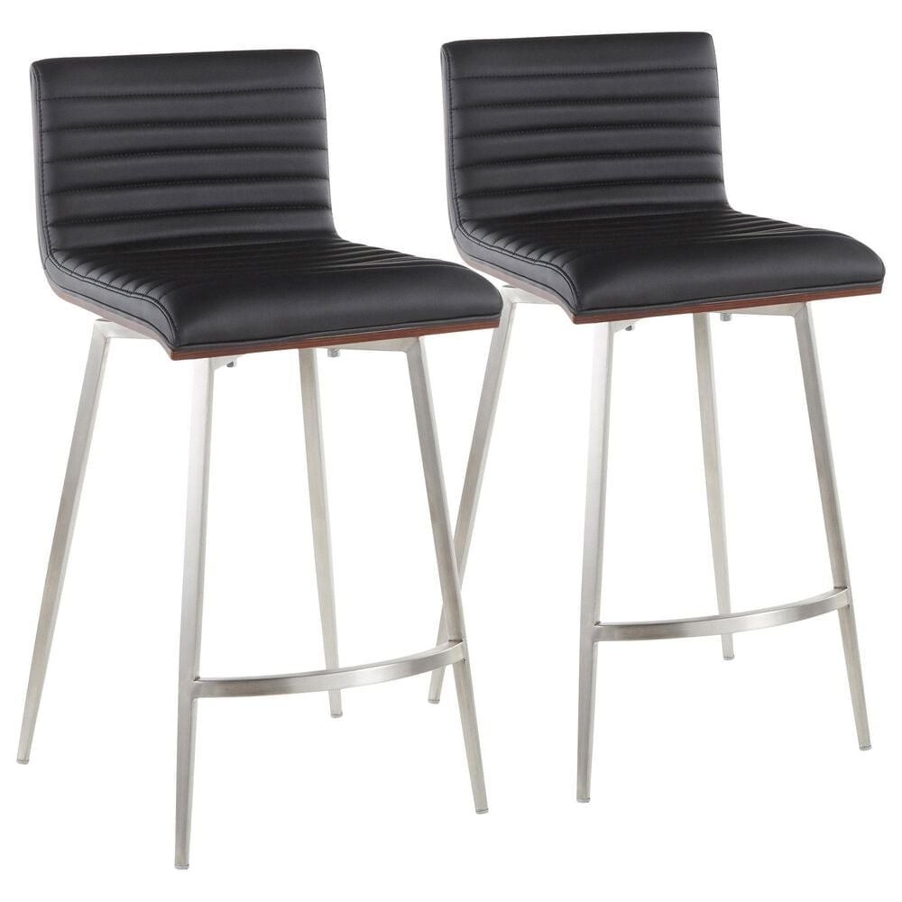 Lumisource Mason Swivel Counter Stool with Black Cushion in Stainless Steel and Walnut (Set of 2), , large