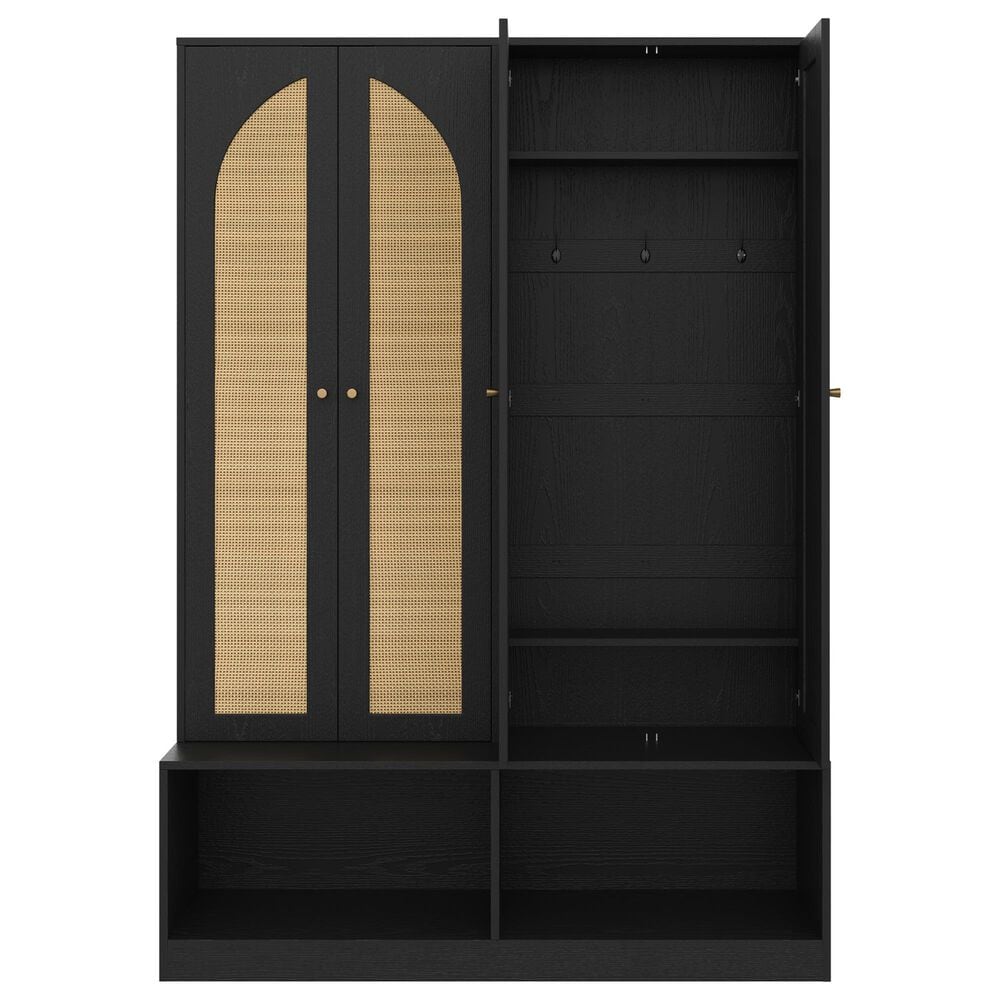 HOMLUX 6-Hook Hall Tree with 2-Rattan Doors in Black, , large