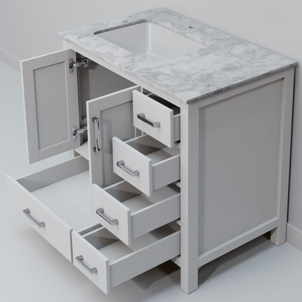 Lexora Home Jacques 36&quot; Left Offset Single Bathroom Vanity in White with 2 cm White Carrara Marble Top and Rectangular Sink, , large