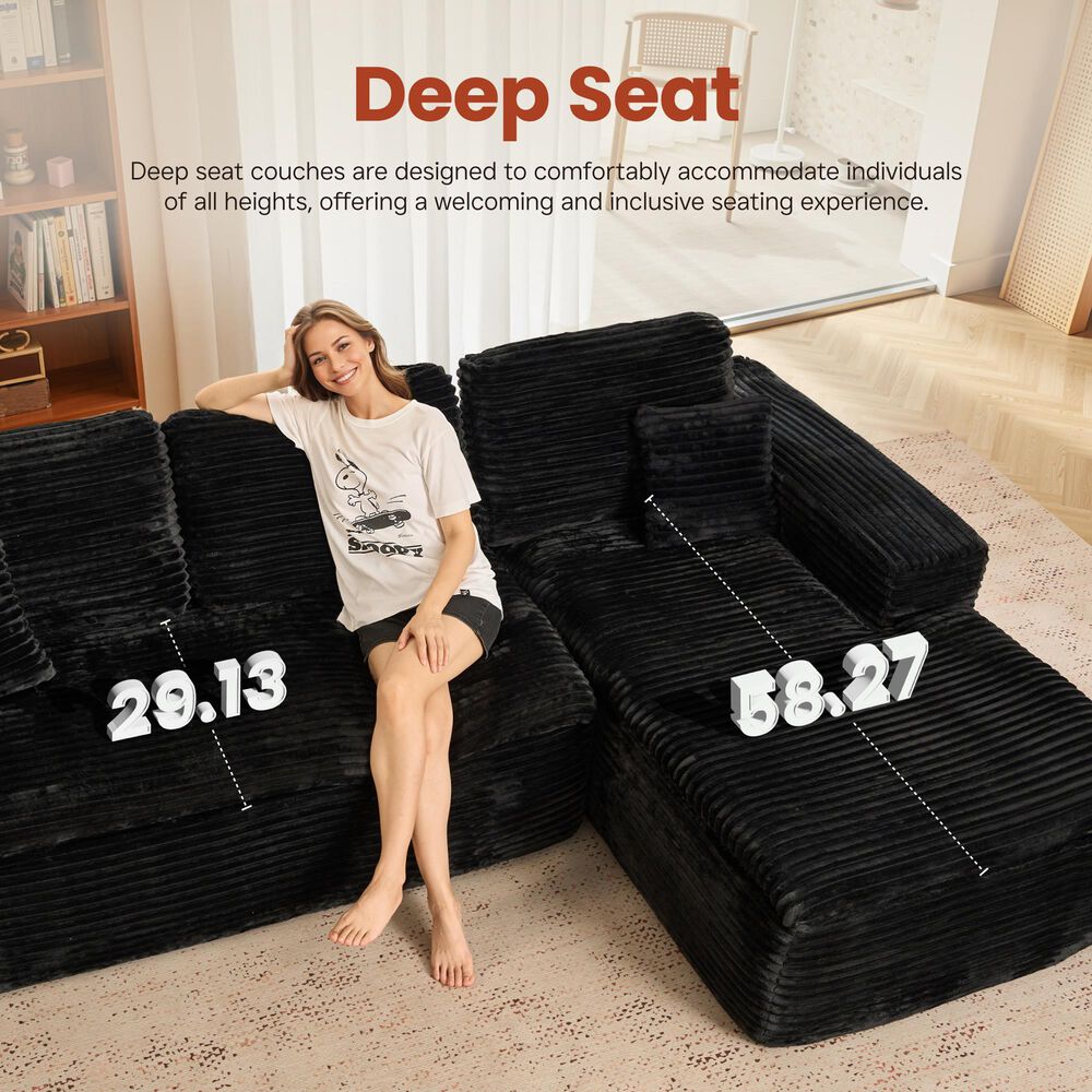 HOMLUX 105.5" Zero Assembly Sofa with Ergonomic Chaise Sectional in Black, , large