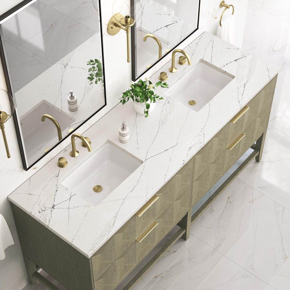 James Martin Vanities Emmeline 72" Double Bathroom Vanity in Pebble Oak with 3 cm Ethereal Noctis Quartz Top and Rectangular Sinks, , large