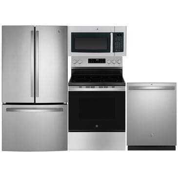 GE Appliances 4pc Kitchen Package with 21.9 Cu. Ft. French Door Refrigerator, 30" Freestanding Electric Range with Self-Clean, 1.6 Cu. Ft. Over-the-Range Microwave, and 30" Freestanding Electric Range with Self-Clean in Stainless Steel, , large