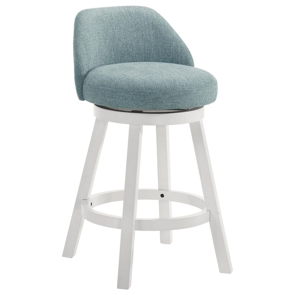 Armen Living Erika Swivel Counter Height Stool with Light Blue Upholstery in White, , large