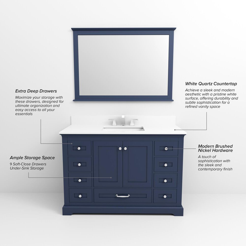Lexora Home Dukes 48" Single Bathroom Vanity in Navy Blue with 2 cm White Quartz Top and Rectangular Sink, , large
