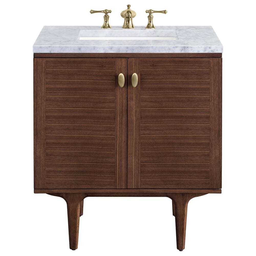 James Martin Vanities Amberly 30" Single Bathroom Vanity in Walnut with 3 cm Carrara White Marble Top and Rectangular Sink, , large