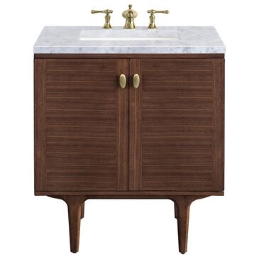 James Martin Vanities Amberly 30" Single Bathroom Vanity in Walnut with 3 cm Carrara White Marble Top and Rectangular Sink, , large