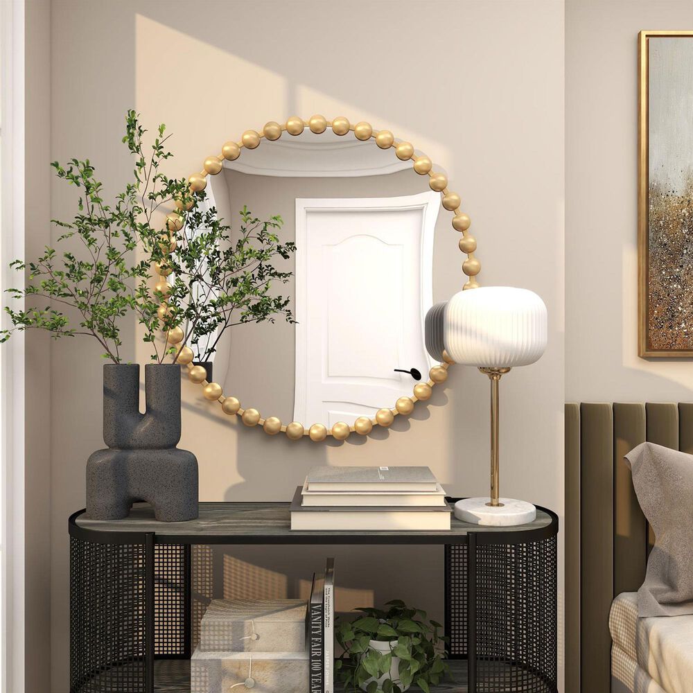 Maple and Jade 36&quot; Round Metal Wall Mirror with Beaded Detailing in Satin Gold, , large
