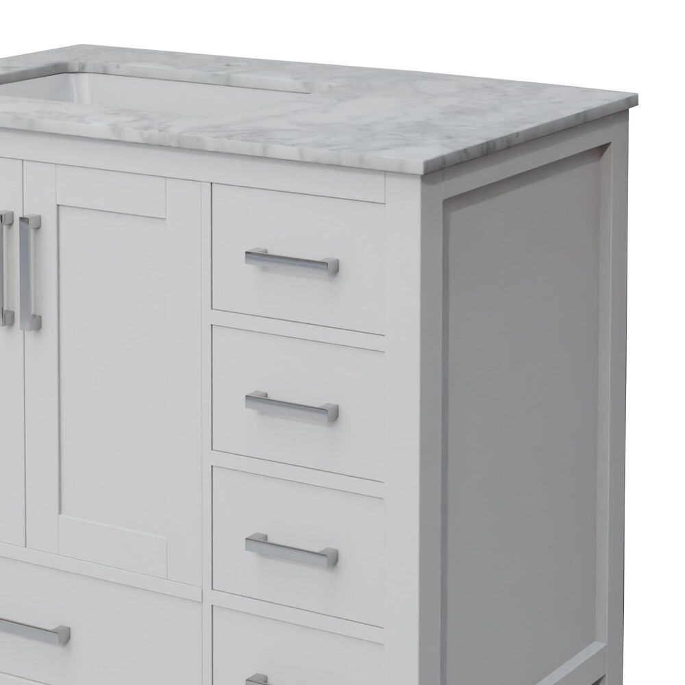 Lexora Home Jacques 36&quot; Left Offset Single Bathroom Vanity in White with 2 cm White Carrara Marble Top and Rectangular Sink, , large