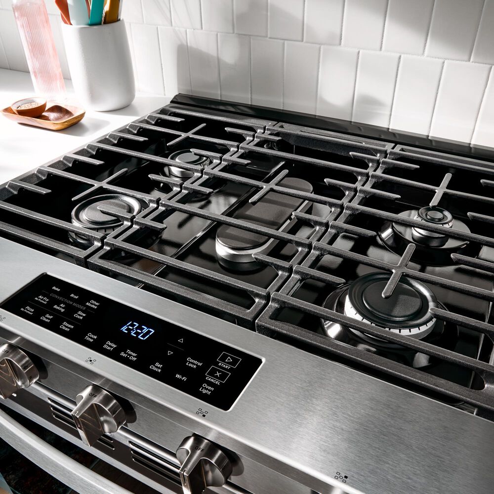 Whirlpool 2-Piece Kitchen Package with 5 Cu. Ft. Smart Gas Range and 1.1 Cu. Ft. Flush Mount Microwave in Fingerprint Resistant Stainless Steel, , large