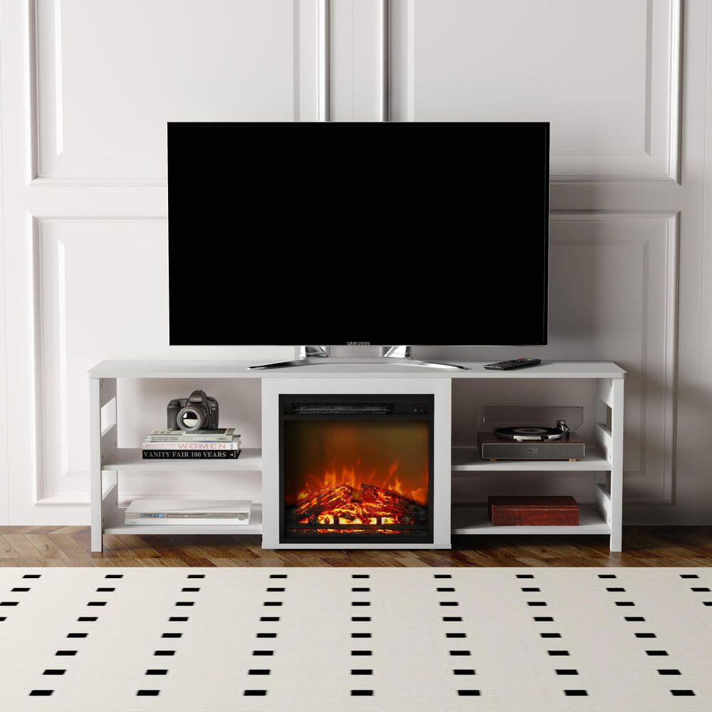 HOMLUX 63" Fireplace TV Stand with Storage Shelves in White Emboss, , large