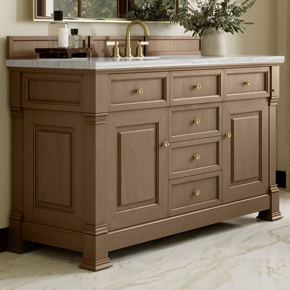 James Martin Vanities Brookfield 60&quot; Single Bathroom Vanity in Pecan with 3 cm Arctic Fall Solid Surface Top and Rectangular Sink, , large