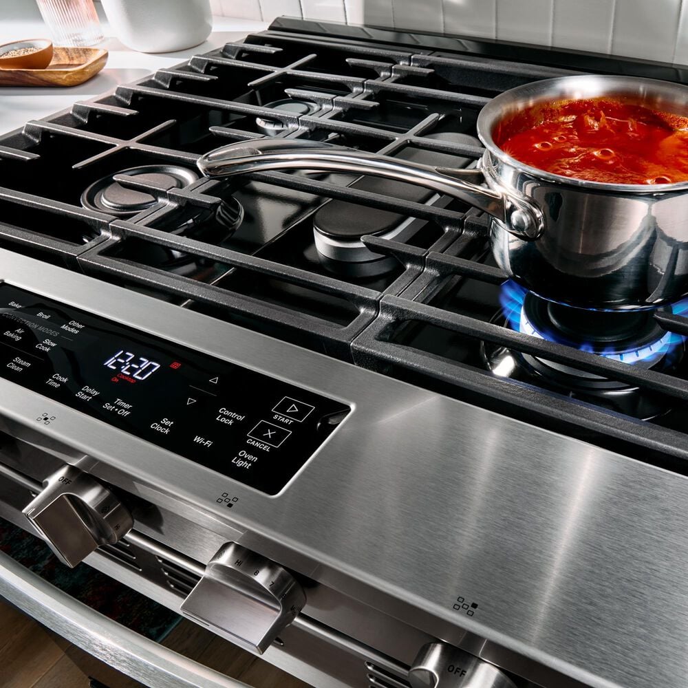 Whirlpool 2-Piece Kitchen Package with 5 Cu. Ft. Smart Gas Range and 1.1 Cu. Ft. Flush Mount Microwave in Fingerprint Resistant Stainless Steel, , large