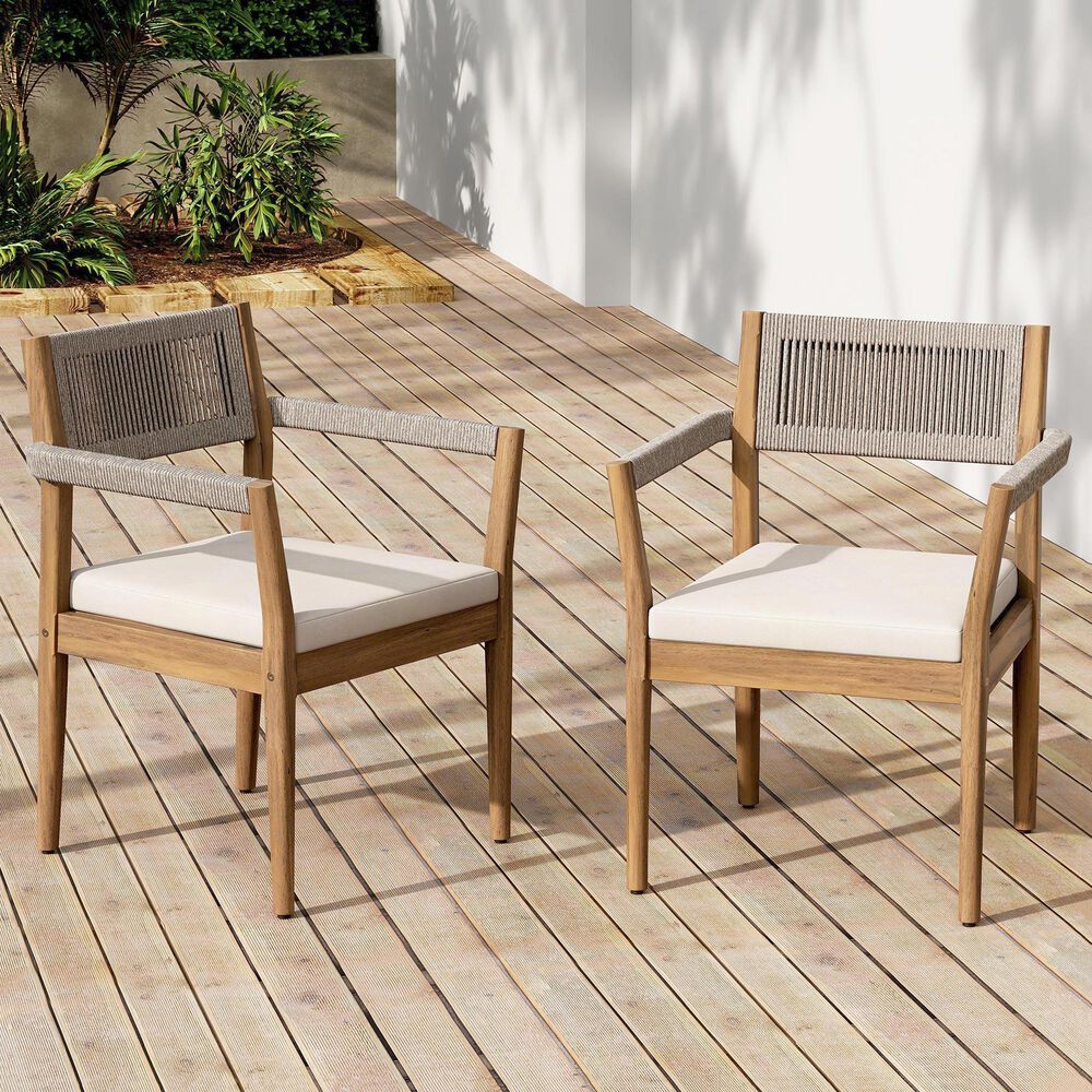 Hearth and Haven Outdoor Braided Acacia Wood Dining Chair in Cream (Set of 2), , large