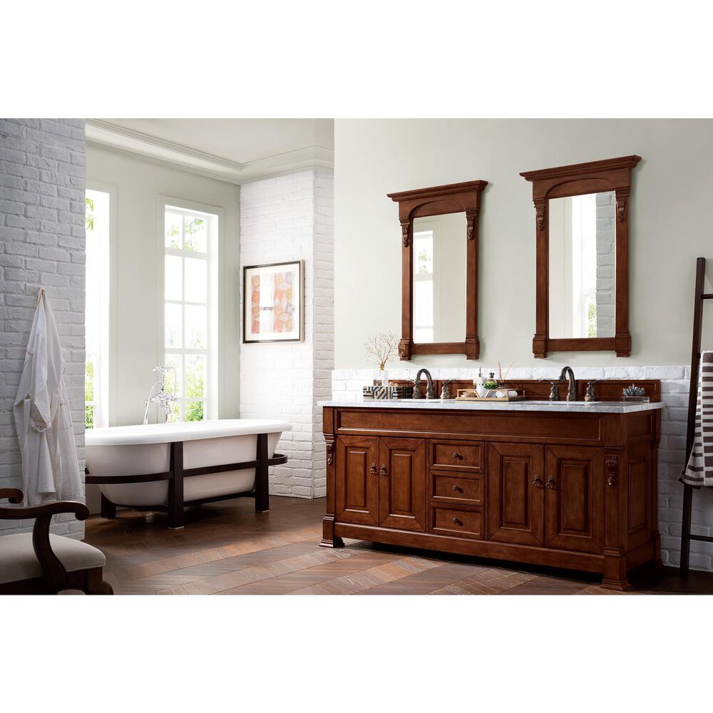 James Martin Vanities Brookfield 72&quot; Double Bathroom Vanity in Warm Cherry with 3 cm Carrara White Marble Top and Rectangle Sink, , large