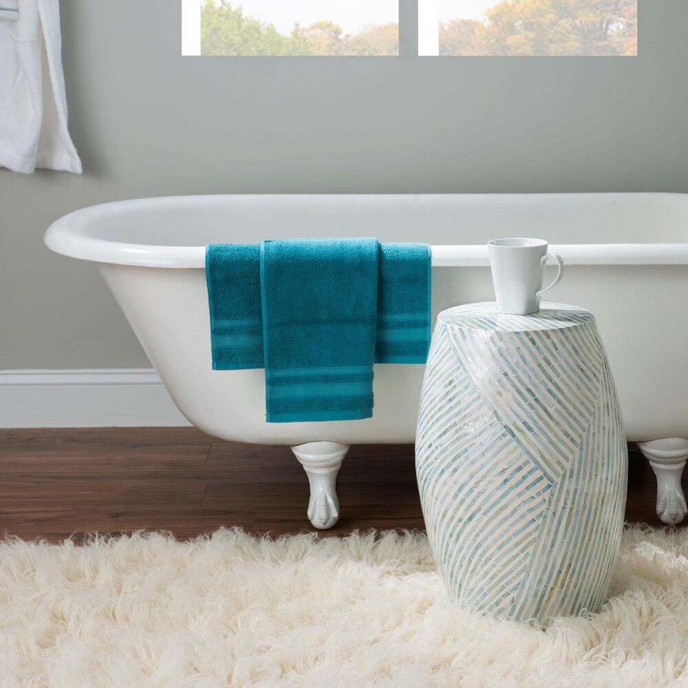 Linon Home Decor Prianna Drum End Table with Mosaic Capiz in Light Blue and White, , large