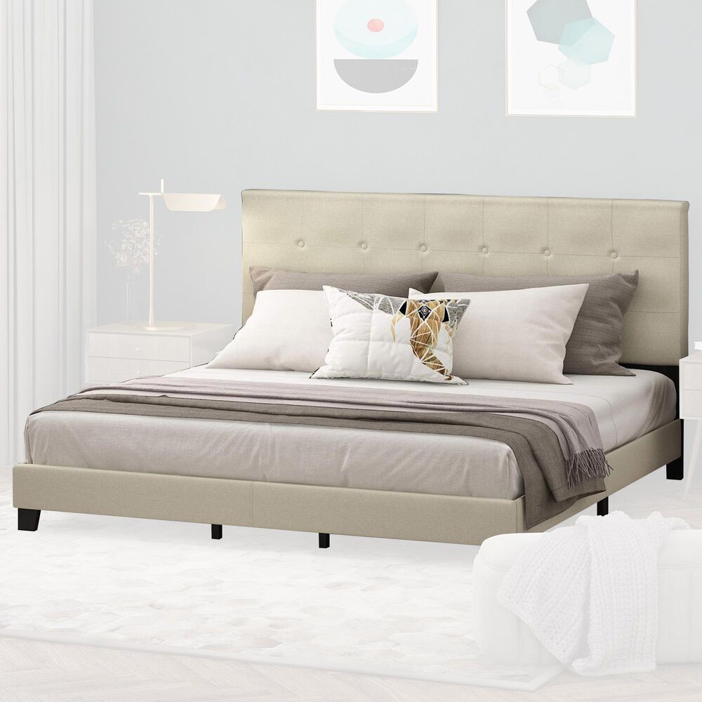 HOMLUX Laval King Upholstered Platform Bed Frame in Linen, , large