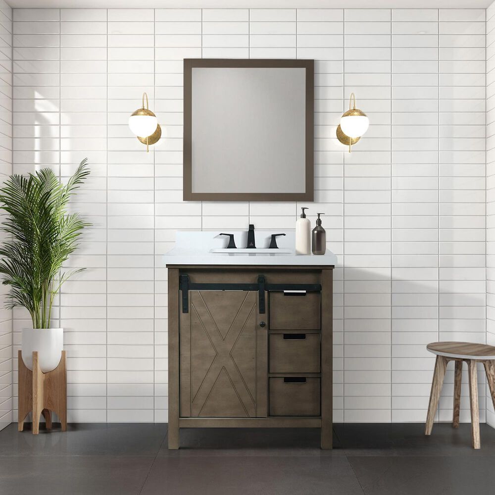 Lexora Home Marsyas 30&quot; Single Bathroom Vanity in Rustic Brown with 2 cm White Cultured Marble Top and Rectangular Sink, , large