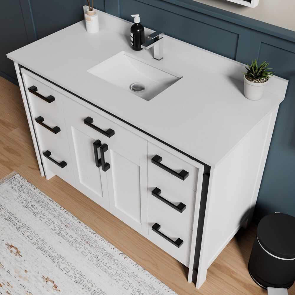 Lexora Home Ziva 48&quot; Single Bathroom Vanity in White with 2 cm White Quartz Top and Rectangular Sink, , large