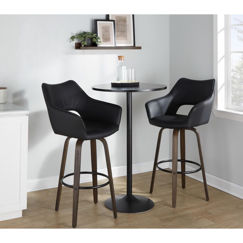 LumiSource Mustang 30" Swivel Bar Stool with Black Faux Leather Upholstery in Glazed Walnut and Black (Set of 2), , large