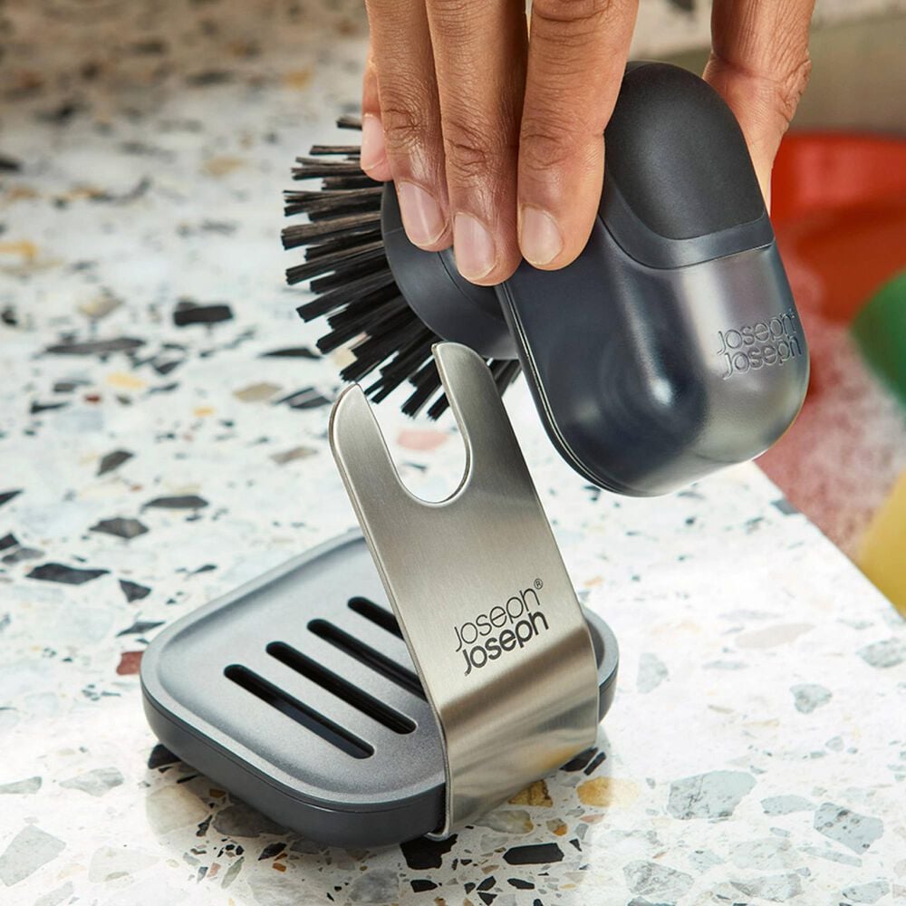 Joseph Joseph SinkTech Compact Soap Dispensing Washing Up Brush with Steel Stand in Clear and Black, , large