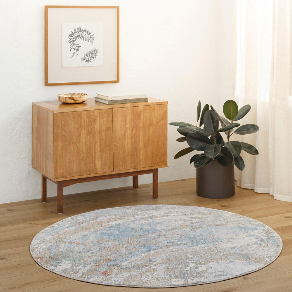 Surya Brunswick Cream, Tan, Taupe, Light Slate, Blue and Seafoam 6&#39;7&quot; Round Area Rug, , large