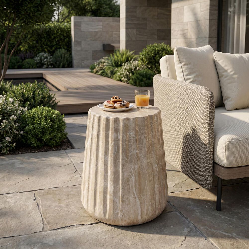 Hearth and Haven Outdoor Carved Side Table with Faux Natural Stone Texture in Gold, , large