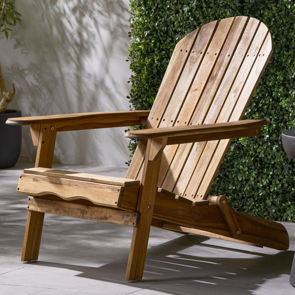 Hearth and Haven Outdoor Folding Adirondack Chair with Slatted Back and Wide Armrests in Teak, , large