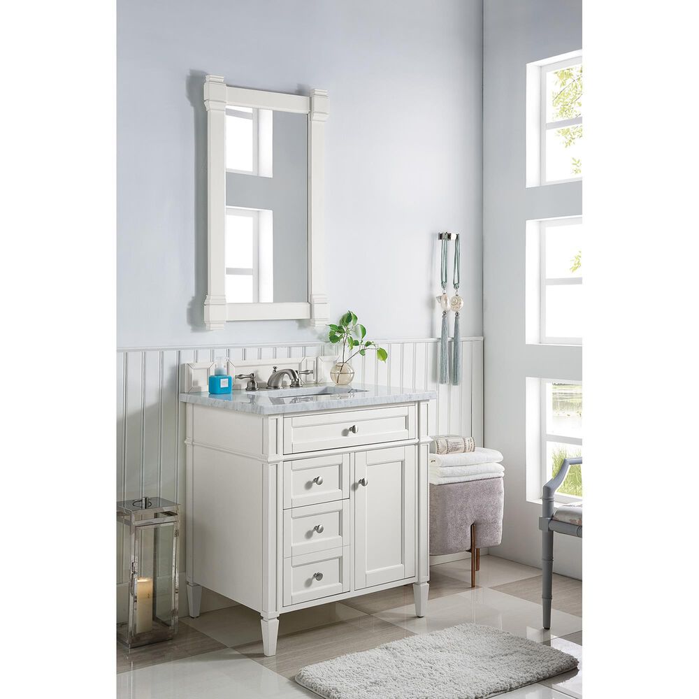 James Martin Vanities Brittany 30&quot; Single Bathroom Vanity in Bright White with 3 cm Carrara White Marble Top and Rectangle Sink, , large