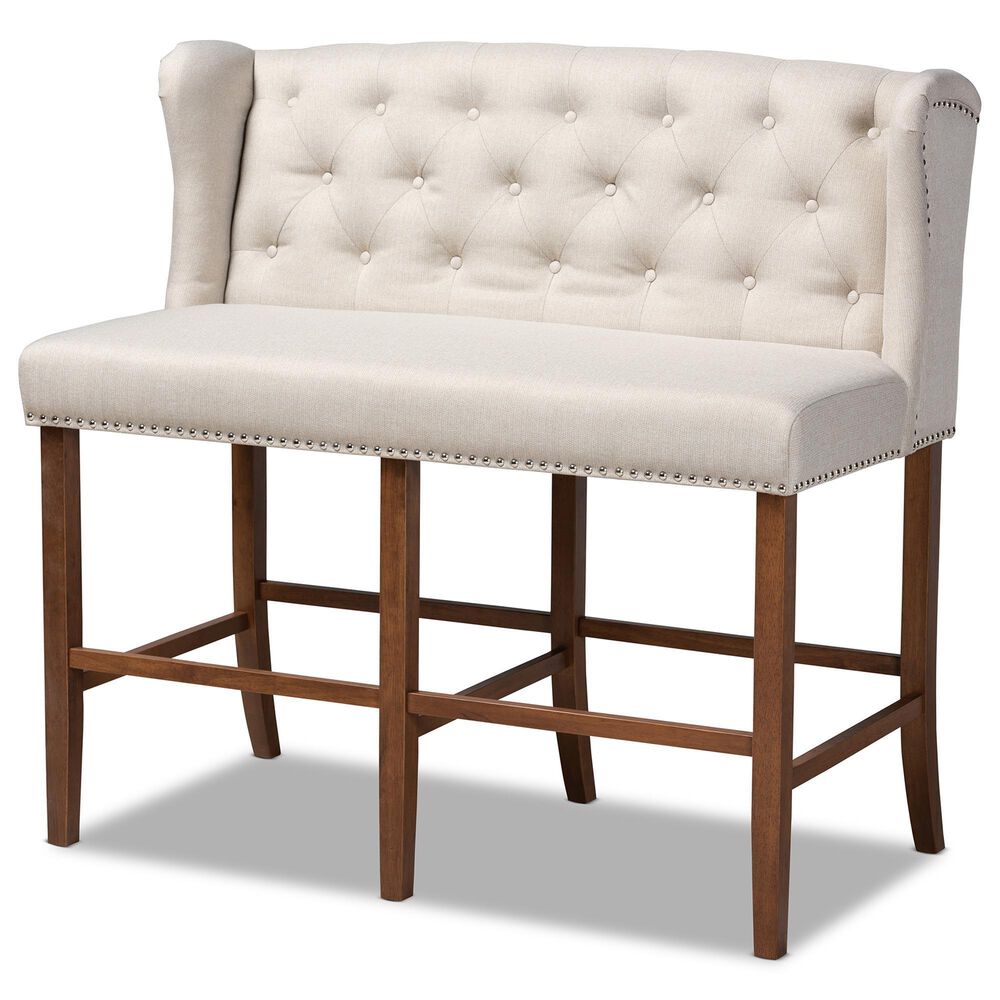 Baxton Studio Alira Bar Stool Bench with Beige Cushion in Walnut, , large