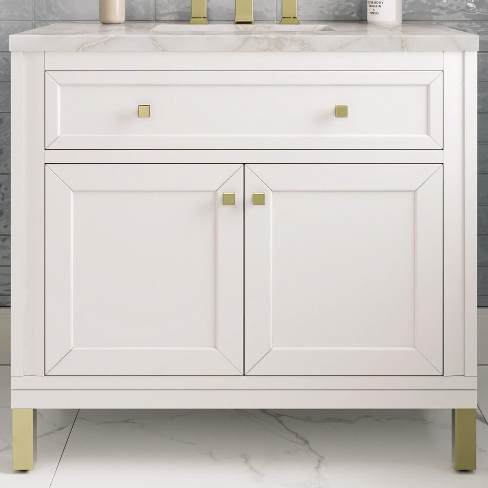 James Martin Vanities Chicago 36&quot; Single Bathroom Vanity in Glossy White with 3 cm Victorian Silver Quartz Top and Rectangular Sink, , large