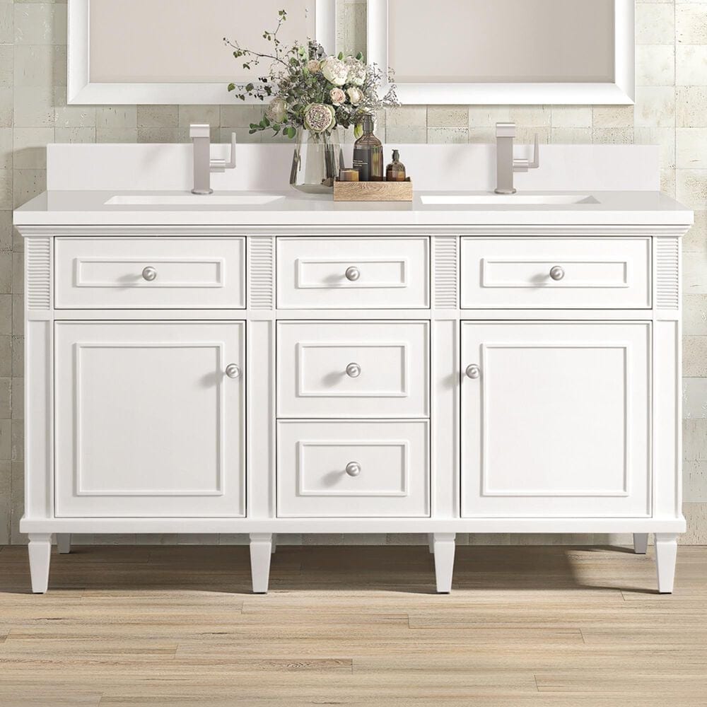 James Martin Vanities Lorelai 60&quot; Double Vanity in Bright White with Single Hole and 3 cm White Zeus Quartz Top &amp; Backsplash, , large