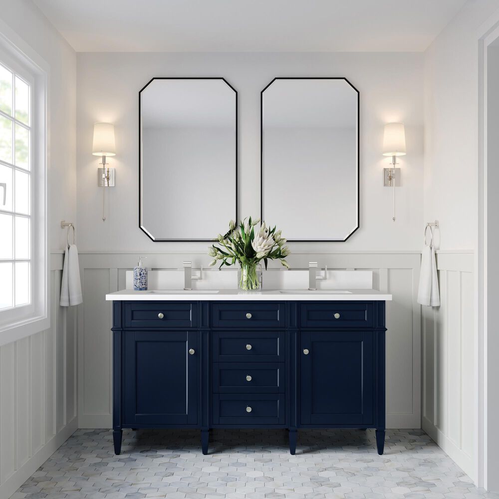 James Martin Vanities Brittany 60&quot; Double Bathroom Vanity in Victory Blue with Single Hole 3 cm White Zeus Quartz Top and Rectangular Sinks, , large