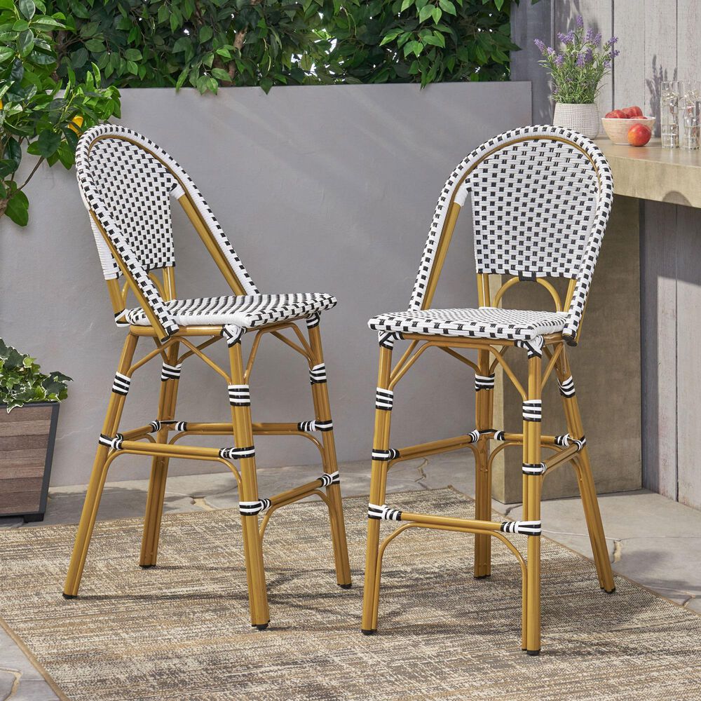 Hearth and Haven Outdoor Wicker French Barstool with Brown Aluminum Frame in White (Set of 2), , large