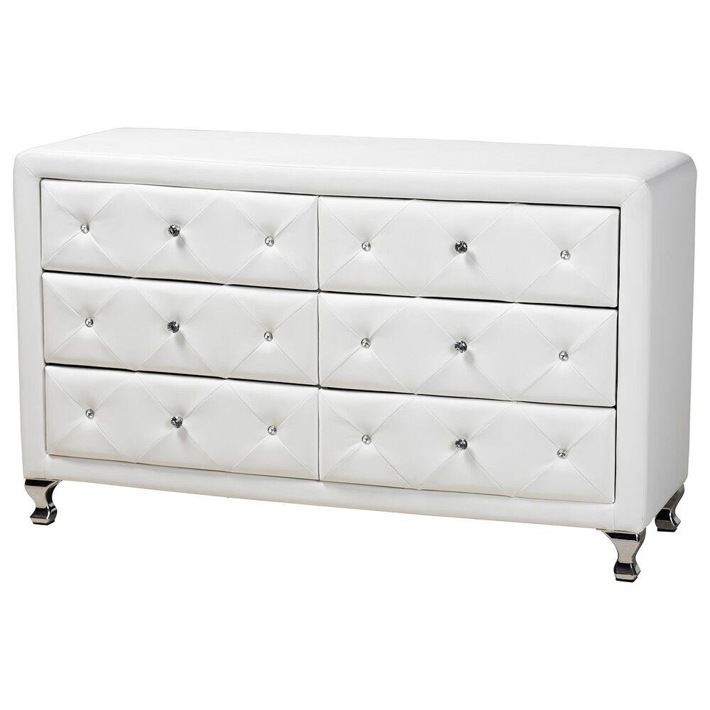 Baxton Studio Luminescence 6-Drawer Dresser with White Upholstered in Chrome, , large