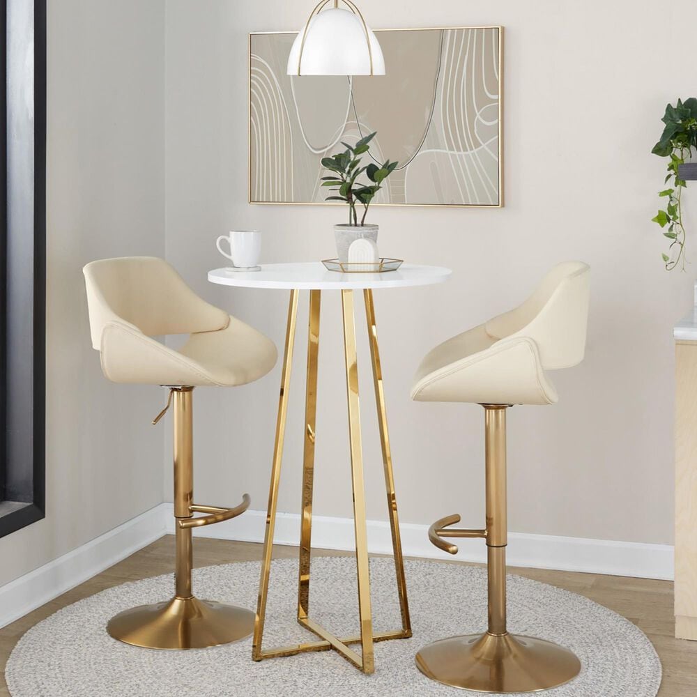 LumiSource Fabrico Swivel Adjustable Bar Stool with Cream Faux Leather Upholstery and Rounded T Footrest in Gold (Set of 2), , large
